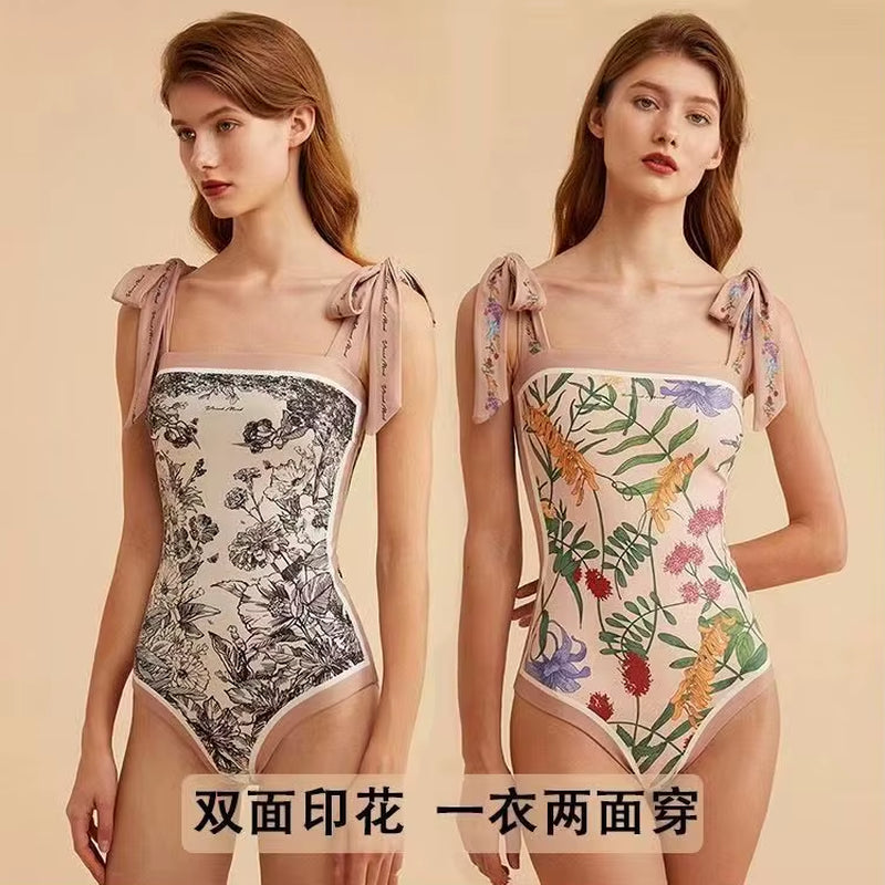 2023 Vintage Bikinis Sets Double Side Printing Two Side Wearing One Pieces Swimwear Monokini French Style Swimming Bathing Suits
