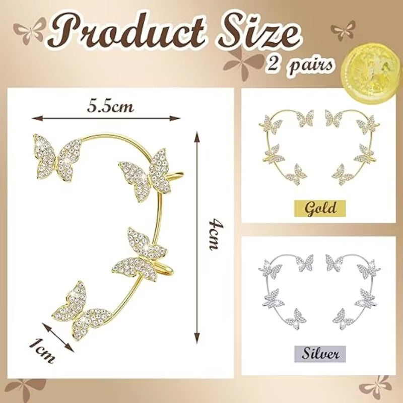 Silver Plated Metal Butterfly Clip Earrings without Piercing for Women Luxury Sparkling Zircon Ear Cuff Fashion Wedding Jewelry