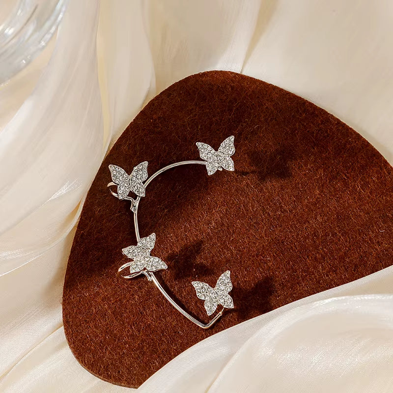 Silver Plated Metal Butterfly Clip Earrings without Piercing for Women Luxury Sparkling Zircon Ear Cuff Fashion Wedding Jewelry