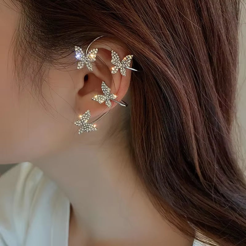 Silver Plated Metal Butterfly Clip Earrings without Piercing for Women Luxury Sparkling Zircon Ear Cuff Fashion Wedding Jewelry