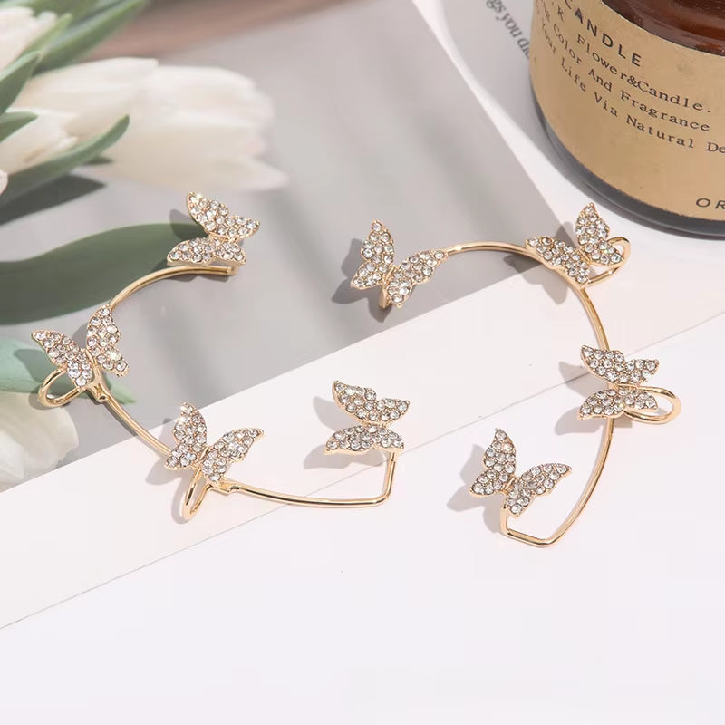 Silver Plated Metal Butterfly Clip Earrings without Piercing for Women Luxury Sparkling Zircon Ear Cuff Fashion Wedding Jewelry