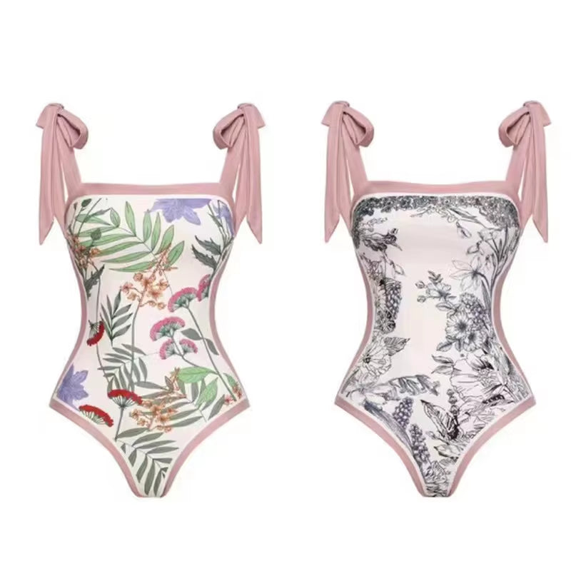 2023 Vintage Bikinis Sets Double Side Printing Two Side Wearing One Pieces Swimwear Monokini French Style Swimming Bathing Suits
