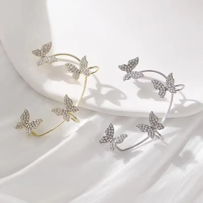 Silver Plated Metal Butterfly Clip Earrings without Piercing for Women Luxury Sparkling Zircon Ear Cuff Fashion Wedding Jewelry