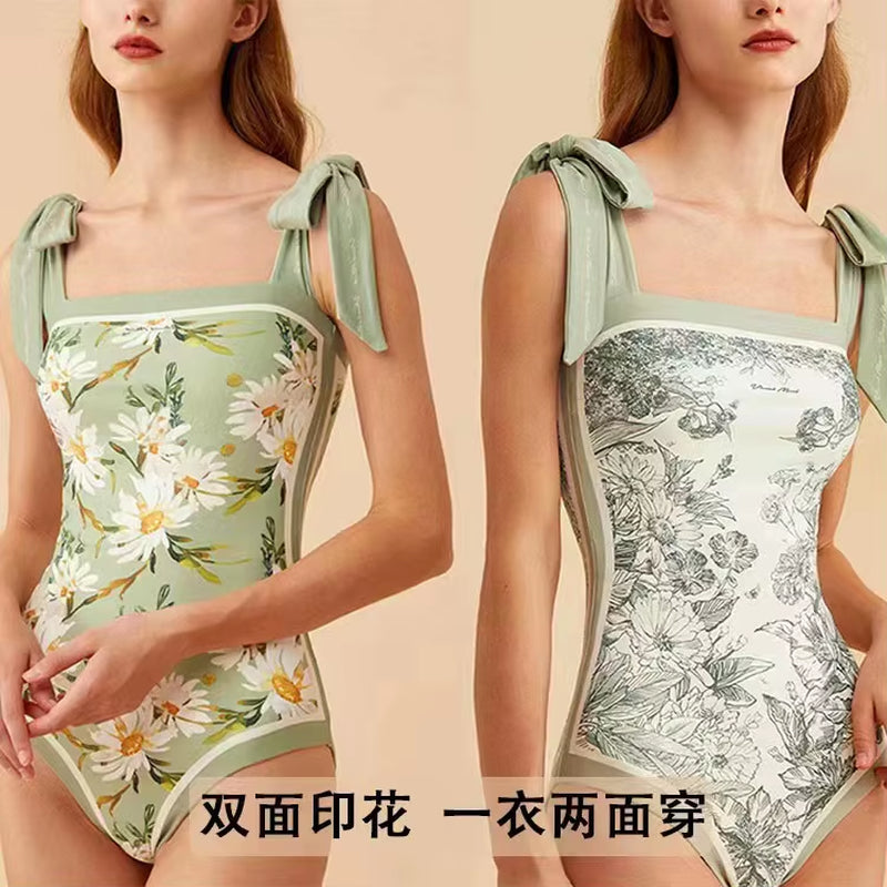 2023 Vintage Bikinis Sets Double Side Printing Two Side Wearing One Pieces Swimwear Monokini French Style Swimming Bathing Suits