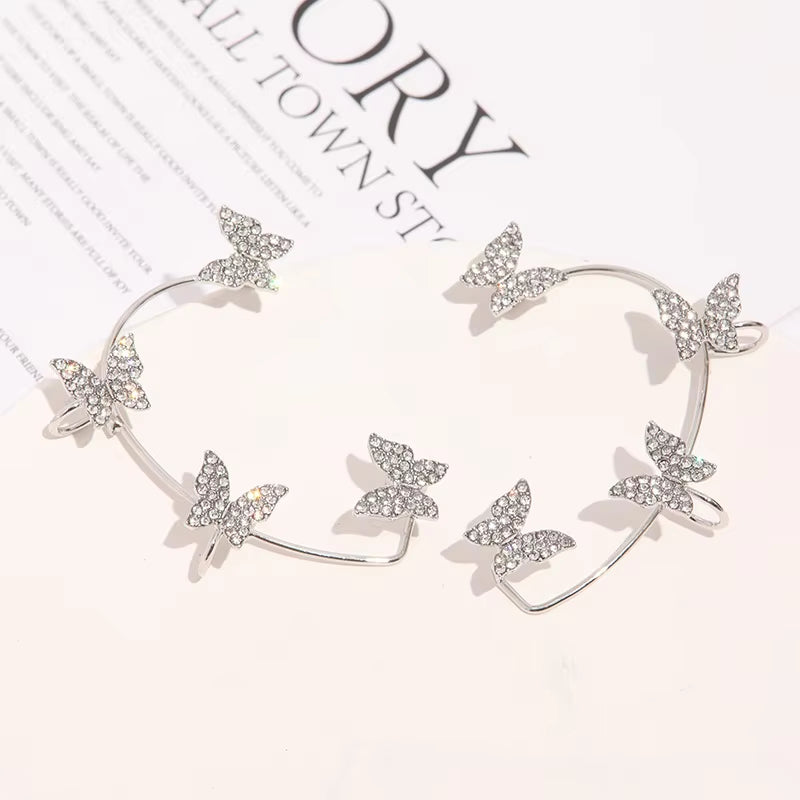 Silver Plated Metal Butterfly Clip Earrings without Piercing for Women Luxury Sparkling Zircon Ear Cuff Fashion Wedding Jewelry