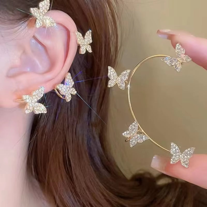 Silver Plated Metal Butterfly Clip Earrings without Piercing for Women Luxury Sparkling Zircon Ear Cuff Fashion Wedding Jewelry