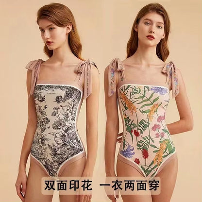 2023 Vintage Bikinis Sets Double Side Printing Two Side Wearing One Pieces Swimwear Monokini French Style Swimming Bathing Suits