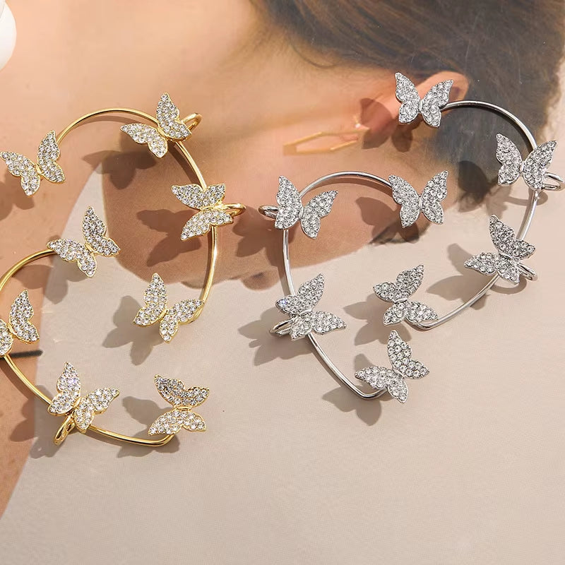 Silver Plated Metal Butterfly Clip Earrings without Piercing for Women Luxury Sparkling Zircon Ear Cuff Fashion Wedding Jewelry