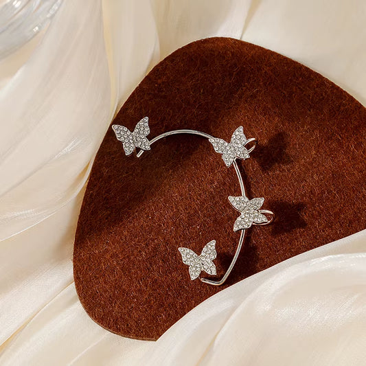 Silver Plated Metal Butterfly Clip Earrings without Piercing for Women Luxury Sparkling Zircon Ear Cuff Fashion Wedding Jewelry