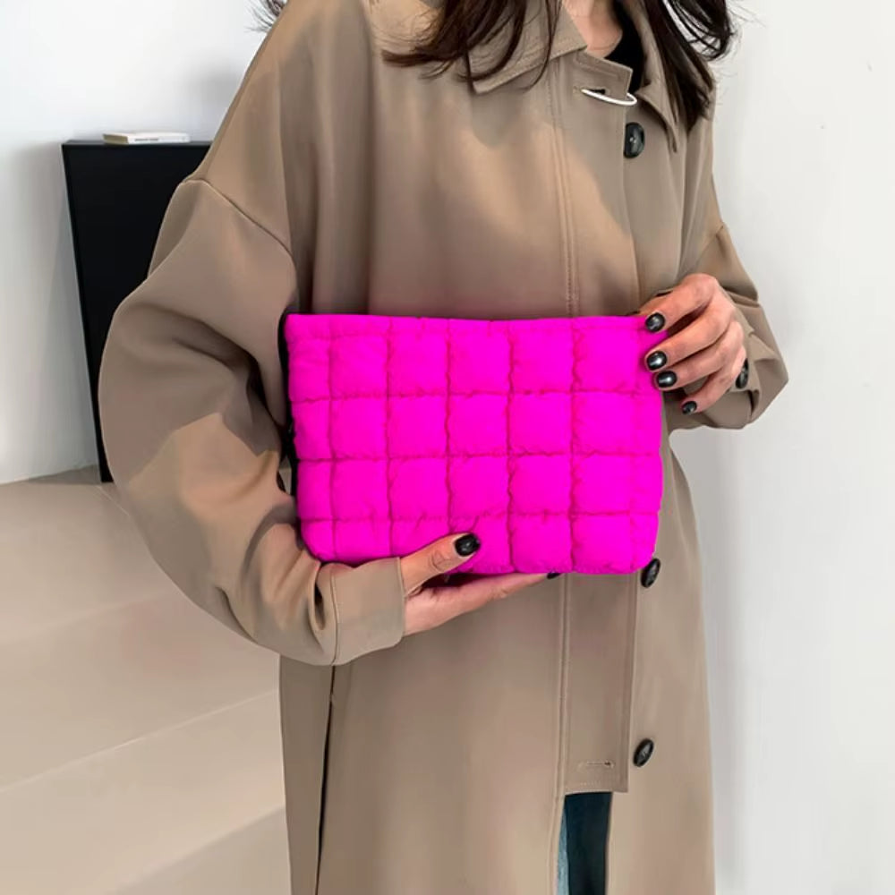 Elegant Puffy Quilted Padded Makeup Bag Zipper Handbag Cotton Clutch Bag Storage Bag Solid Color Cosmetic Bag Lady