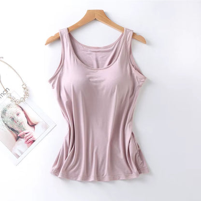 2023 Women'S Vest Tops with Built in Bra Neck Vest Solid Color Padded Slim Fit Tank Tops Sexy Shirts Feminino Casual Tank Tops